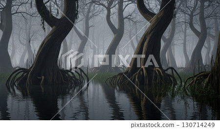 Mysterious Mangrove Forest Reflections with Dense Roots and Dark Trunks on Calm Water Surface in 130714249