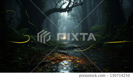 Misty Dark Forest Path with Fireflies and Dense Green Foliage at Night 130714250