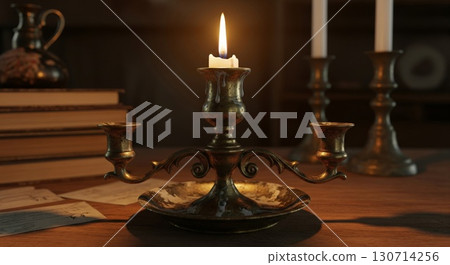 Lit Candle in Brass Candelabra on Wooden Table with Dark Background 130714256