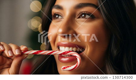 Smiling Woman Holding Candy Cane with Glittery Skin Against Bokeh Background 130714300