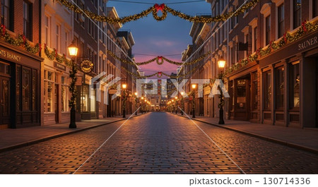 Evening City Street View with Christmas Decorations and Wet Pavement Evening City Street View with Christmas Decorations and Wet Pavement 130714336