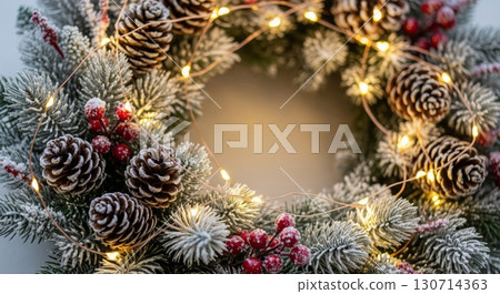 Festive Green Christmas Wreath with Pine Cones Red Berries and Warm Fairy Lights 130714363