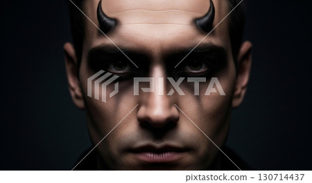 Intense Gaze of a Man with Horns Dark Makeup and Shadows against Dark Grey Background 130714437