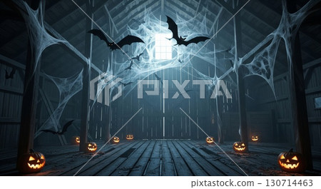 Spooky Halloween Night Scene Featuring Bats Cobwebs and Jack o Lanterns Inside Old Barn 130714463