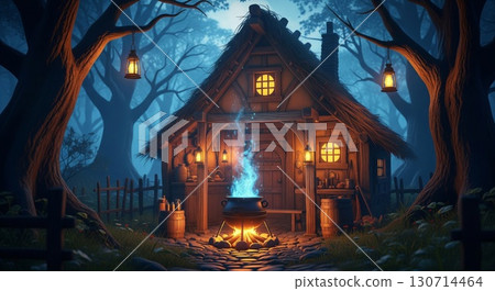 Rustic Cottage with Blue Fire and Hanging Lanterns in Misty Forest 130714464