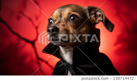 Adorable Brown Dog Wearing Black Cape Costume Against a Dramatic Red Background for Halloween Adorable Brown Dog Wearing Black Cape Costume Against a Dramatic Red Background for Halloween 130714472
