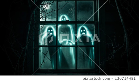 Eerie Ghosts Silhouettes Glowing Behind Window with Cobwebs in Dark and Moody Night 130714481