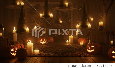 Halloween Scene with Glowing Jack O Lanterns Candles and Witch Hats in Dark Room 130714482