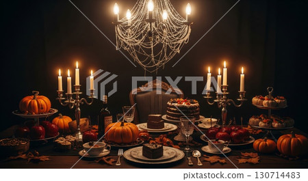 Elegant Thanksgiving Table Setting with Pumpkins Candles and Chandelier in Dark Room 130714483