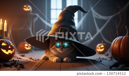 Cute Tabby Kitten Wearing Witch Hat with Glowing Eyes in Dark Halloween Scene 130714512