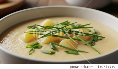 Creamy Potato Soup with Green Chives in a White Bowl on Wooden Table Creamy Potato Soup with Green Chives in a White Bowl on Wooden Table 130714549