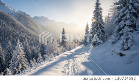 Sunlit Snowy Mountain Landscape with Evergreen Trees and Shadows on a Winter Day 130714588