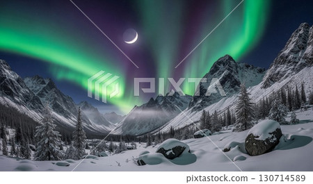 Aurora Borealis Over Snowy Mountain Range at Night with Moon Crescent 130714589
