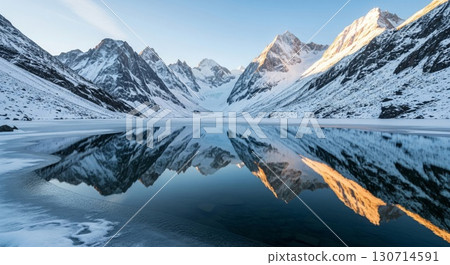 Snowy Mountain Range Reflected in Calm Lake during Golden Hour 130714591