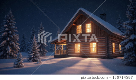 Cozy Log Cabin in Snowy Forest at Night with Warm Light Emanating from Windows in Winter 130714597