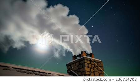 Night Sky with Smoke Rising from Chimney Under Moonlight with Starry Backdrop 130714708