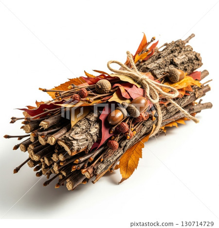 Autumnal Bouquet of Twigs Acorns and Colorful Leaves on White Backdrop Autumnal Bouquet of Twigs Acorns and Colorful Leaves on White Backdrop 130714729