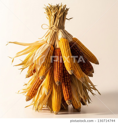 Autumnal Corn Stalk Bundle with Yellow and Brown Maize against White Background 130714744