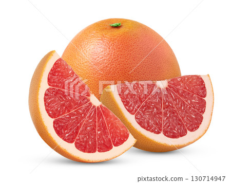 Fresh organic grapefruits with clipping path. Pink grapefruit fruit and cut in a half and in a standing slice isolated over transparent background. Fresh organic grapefruits with clipping path. Pink grapefruit fruit and cut in a half and in a standing slice isolated over transparent background. 130714947