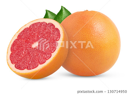 Juicy grapefruit and a half with leaf isolated. Halved pink grapefruit. Grapefruit cut and whole grapefruit. 130714950