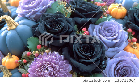 Gothic floral art combining black roses, purple flowers, and pumpkins Gothic floral art combining black roses, purple flowers, and pumpkins 130715064