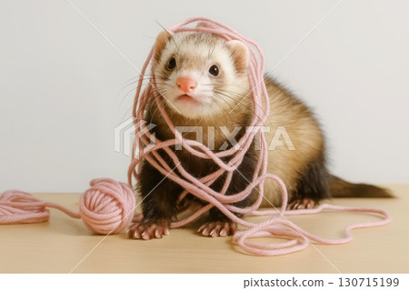 Ferret playing with pink yarn on wooden surface in indoor setting 130715199