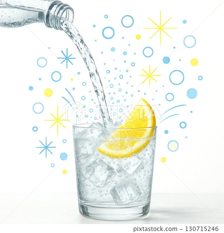 Glass of sparkling water with lemon slice and ice cubes being poured 130715246
