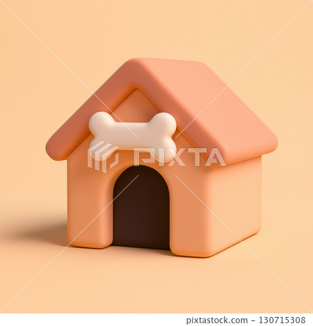 3D illustration of dog house with bone on roof on beige background 130715308