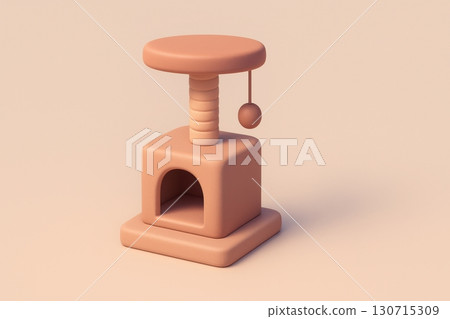 Minimalist cat tree with scratching post and hanging toy in neutral setting 130715309