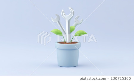 Upskilling and Reskilling in Learning and Development concept, Plant growing with wrench tools in pot symbolizing growth and repair 130715360