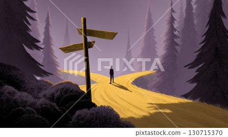 Person standing at forest crossroads deciding which path to take 130715370
