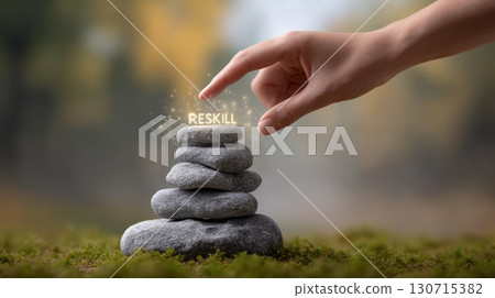 Hand stacking stones with glowing reskill text symbolizing personal growth and learning 130715382