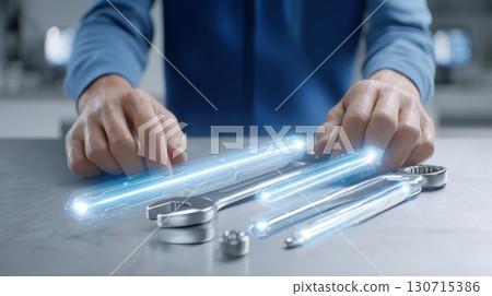 Upskilling and Reskilling in Learning and Development concept, Technician assembling futuristic digital tools in modern workshop environment 130715386