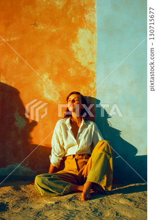 A woman is sitting on the ground in front of a wall with a blue 130715677