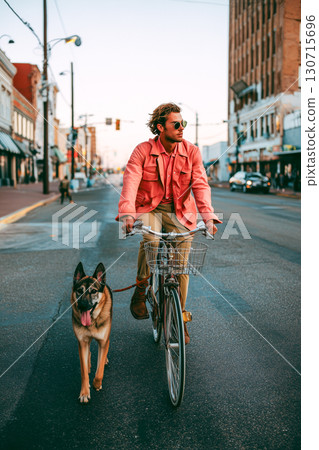 A man in a pink jacket rides a bicycle with a dog on a leash 130715696