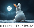 A white rabbit gazing at the bright full moon under the night sky, symbolizing the legend of the Moon Rabbit during the Mid-Autumn Festival. 130716038