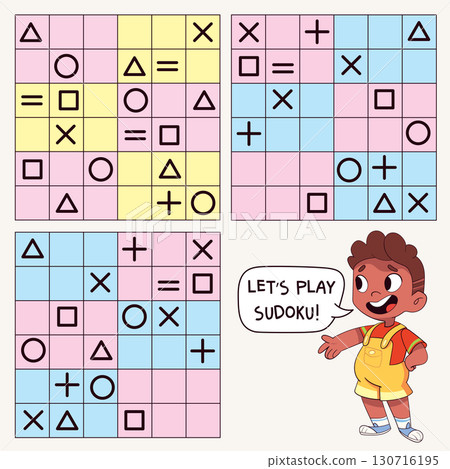 Set of picture sudoku puzzles with symbols. Kids place each icon once per row and column 130716195