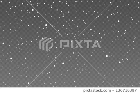 Snowfall background. Christmas falling snow template. Winter holiday design. White snowflakes with overlay effect on transparent background. Realistic cold weather. Vector Illustration 130716397