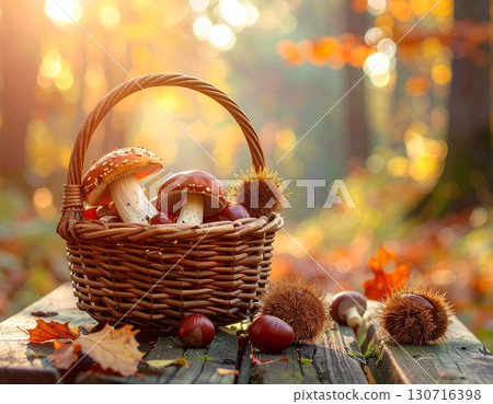 Autumnal forest and basket of harvested mushrooms and chestnuts on a bench 130716398