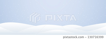 Winter snow background. Christmas snowy landscape with soft hills and falling snow on blue sky. Frosty snowdrifts and snowflakes. Seasonal texture for New Year card or sale. Vector Illustration 130716399