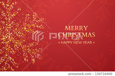 Merry Christmas banner. Happy New Year greeting card with golden snowflake sparkles on red background. Xmas design elements. Winter holiday design with gold decoration. Vector Illustration Merry Christmas banner. Happy New Year greeting card with golden snowflake sparkles on red background. Xmas design elements. Winter holiday design with gold decoration. Vector Illustration 130716400