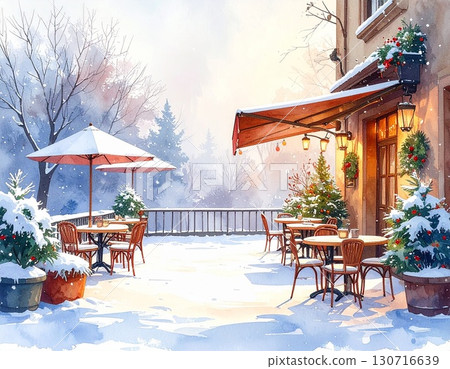 Watercolor illustration of an outdoor winter cafe terrace in soft pastel tones Watercolor illustration of an outdoor winter cafe terrace in soft pastel tones 130716639