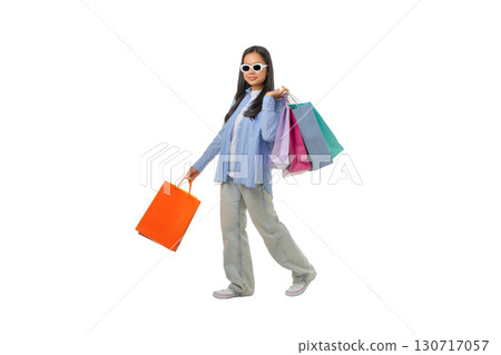 Girl smiles with shopping bags, isolated on white, PNG Girl smiles with shopping bags, isolated on white, PNG 130717057