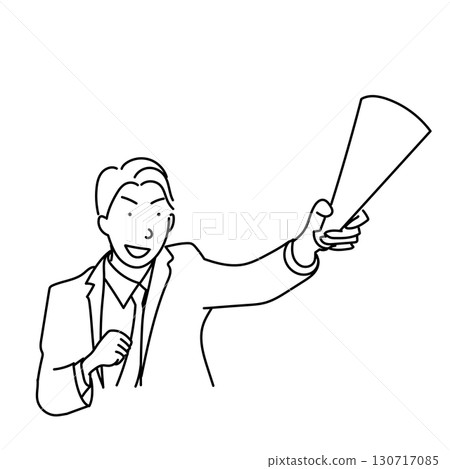 Stock Illustration: Line drawing of a businessman cheering with a megaphone 130717085