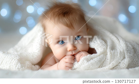 Cozy Baby Wrapped in Soft White Blanket with Warm Lighting 130717127
