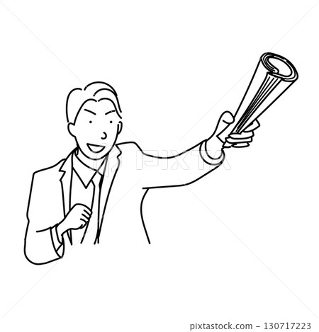 圖庫插圖: 一名商人拿著一張捲起的報紙的線條畫 圖庫插圖: 一名商人拿著一張捲起的報紙的線條畫 130717223