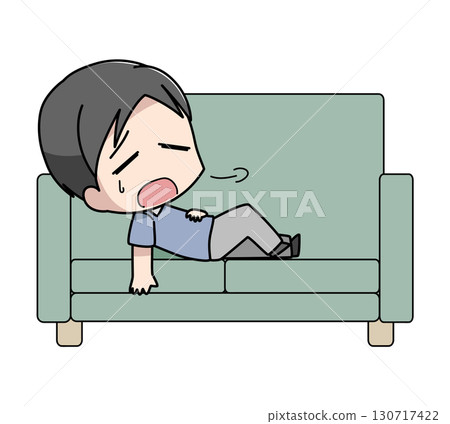 一名疲憊男子躺在沙發上的插圖 一名疲憊男子躺在沙發上的插圖 130717422