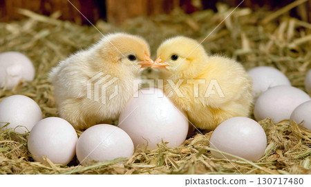 Newly Hatched Yellow Chicks Nestled Among Fresh White Eggs 130717480