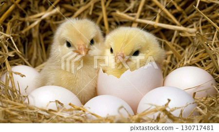 Newly Hatched Yellow Chicks Nestled Among Fresh White Eggs 130717481