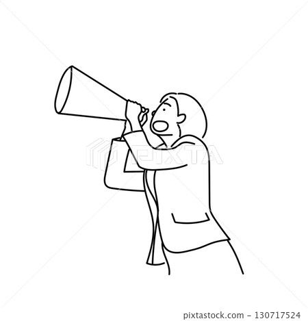 Stock Illustration: Line drawing illustration of a female business person cheering out loud with a megaphone 130717524